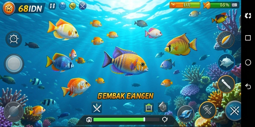 Screenshot permainan 68IDN yang menunjukkan aksi tembak ikan yang seru.