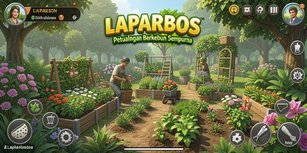 Tampilan gameplay LAPARBOS yang menawan dengan ladang hijau subur dan aktivitas berkebun.