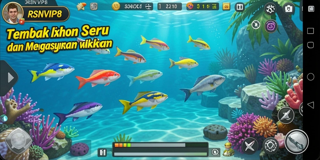 Tampilan gameplay RSNVIP8 saat menangkap ikan dengan beragam efek menarik.