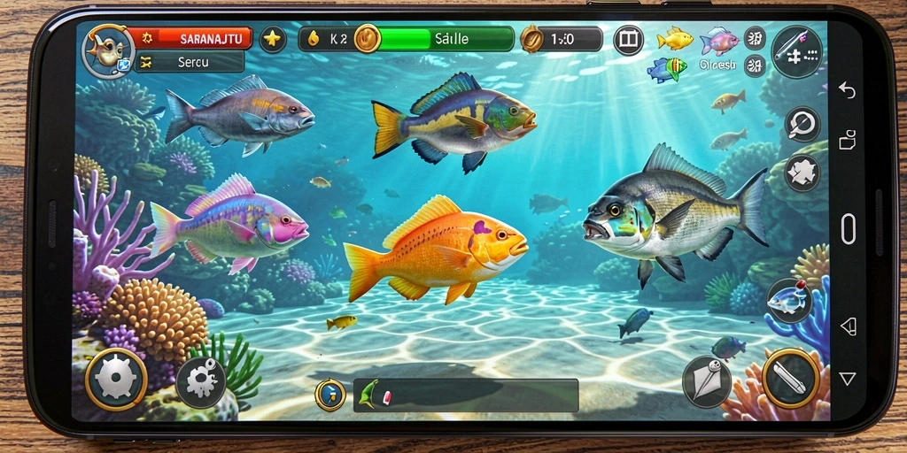 Screenshot gameplay SARANAJITU menampilkan aksi menembak ikan yang seru.