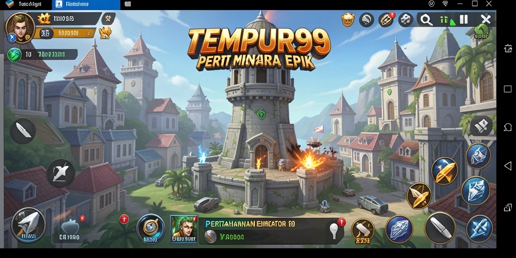 Screenshot dari gameplay TEMPUR99 yang menegangkan dalam pertahanan menara.