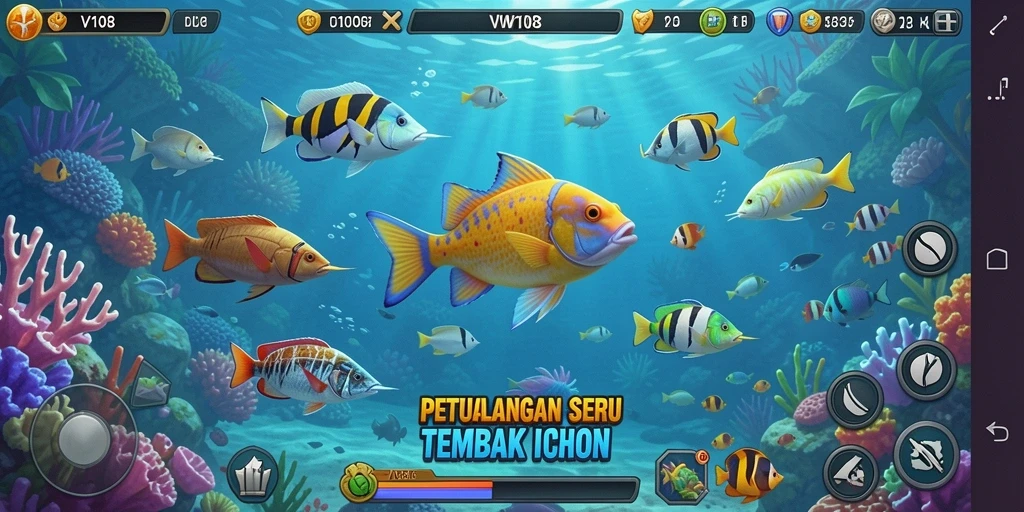 Tampilan seru gameplay Tembak Ikan di VW108 dengan berbagai warna menarik.